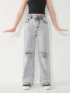 Free Returns ✓ Free Shipping✓. SHEIN Tween Girl Ripped Straight Leg Jeans- Tween Girls Jeans at SHEIN. Ripped Straight Leg Jeans, Wide Legged Jeans, Womens Fall Dress, Girls Denim, Sweaters And Jeans, Clothing Size Chart, Womens Clothing Sizes, Girls Jeans, Girls Clothing