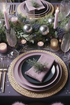 the table is set with purple plates, silverware and greenery on top of it