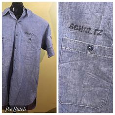 Vintage 1960's Vietnam Naval shirt. Blue in color. Size Medium. Button down pockets, short sleeved. Has name above left pocket, "SHULTZ" and also on back of shirt. Also has the rank of Petty Officer 2nd Class. Measures 46" chest, & 32" length. Retro Short Sleeve Tops With Pockets, Retro Short Sleeve Collared Shirt With Pockets, Retro Collared Short Sleeve Shirt With Pockets, Vintage Blue Collared Short Sleeve Shirt, Vintage Short Sleeve Collared Shirt With Pockets, Vintage Collared Short Sleeve Shirt With Pockets, Vintage Short Sleeve Shirt With Pockets For Summer, Vintage Blue Cotton Short Sleeve Shirt, Vintage Blue Shirt With Pockets