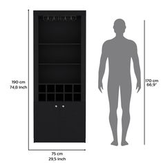 the height of a tall black cabinet with two shelves and one man's body