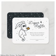 a white and black business card with an image of a dog holding a piece of food