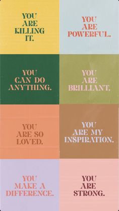 four different colored posters with the words you are strong