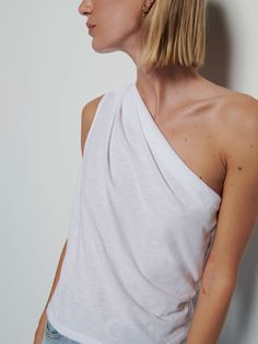 The single shoulder tank (everyone needs one). Subtle pleats on the shoulder and an effortlessly draped silhouette? Chic. (This one comes in Optic White.) | Women's Emberly One Shoulder Top in White | Ethical Essentials One Shoulder Top, Crop Top Sweater, Crop Top Blouse, One Shoulder Tops, Romper Dress, Jogger Jeans, Girls Night Out, Blazer Coat, Pima Cotton