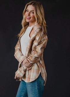 Tan, camel, brown and black plaid flannel with bleached dipped contrast. Tan Flannel, Flannel Women, Cold Weather Fashion, Top Graphic Tees, Black Plaid, Size Charts, Plaid Flannel, Dress Romper, Clothes Gift