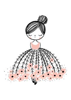 a drawing of a woman in a dress with flowers on the bottom and her hair pulled back