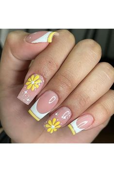 Press on Nails Meidum Square Spring French Tip Fake Nails Full Cover False Nails with Yellow Flower and Stars Designs Glossy Stick on Nails Artificial Acylic Nails for Women Girls 24 Pcs Yellow Nail, Short Fake Nails, Colorful Nails, Cute Nail Ideas, Nails And Toes, Her Nails, Cool Nails, New Nails