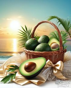 an avocado in a wicker basket with leaves on the beach at sunset