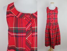 "Adorable vintage 80s red plaid cotton sundress! Lightweight cotton fabric. Dropwaist. Hip pockets. Midi length. Pullover style. Made in USA.   + + + + + DETAILS + + + + +   Vintage condition: Excellent! Light general wear. No visible stains, holes or discoloration.  Era: 1980s / 1990s  Label: Eileen West Tag Size: Medium  Fits like a Modern Size: Small Material: Cotton    + + + + + MEASUREMENTS + + + + +    Bust: 36\" Waist: 36\" Hips: free Length: 44\"" Red Sleeveless Plaid Dress For Summer, Sleeveless Red Plaid Dress For Summer, Vintage Sleeveless Spring Plaid Dress, Vintage Sleeveless Plaid Summer Dress, Sleeveless Plaid Dress For Daywear, Vintage Sleeveless Plaid Cotton Dress, Vintage Plaid Sleeveless Dress, Vintage Sleeveless Plaid Dress, Dress Preppy