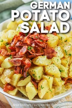 a white bowl filled with potatoes and bacon