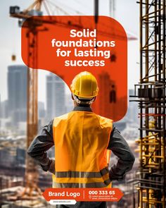 a construction worker standing in front of a building site with the words solid foundation for fasting success