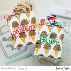 two tags with ice cream and cookies on them