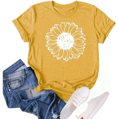 PRICES MAY VARY. 🌼【Premium Fabrics】Suggest hand/machine wash cold water, dry flat, not bleach. Do not tumble dry. This summer sunflower graphic tops for women are made of high-quality material. Soft and smooth. 65% Cotton, 35% Polyester t-shirt. Comfortable and has a good stretch. Comfy sunflower printed tee tops, novelty funny sunflower shirts top women. Soft fabric with a little stretchy, breathable to wear. It's not only light but also absorbs sweat. 🌼【Design】Sunflower shirts for women. Uni Sunflower Shirt, Girls Graphic Tee, Fall Tee, Loose Tees, Flower Graphic, Shirt Blouses Tops, Loose Blouse, Casual Tops For Women, Casual Blouse