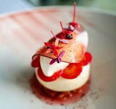 a white plate topped with a dessert covered in toppings