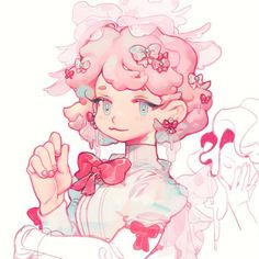 a drawing of a girl with pink hair and flowers on her head, holding up two fingers