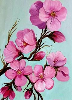 a painting of pink flowers on a blue background