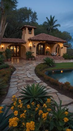 a house that is next to a pool and some flowers in front of the house