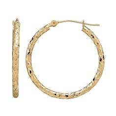 A diamond-cut texture gives these Everlasting Gold 10k gold hoop earrings striking beauty.EARRING DETAILS Diameter: .98 in. Backings: click-it Metal: 10k gold Size: One Size. Gender: female. Age Group: adult. Textured Round Jewelry For Anniversary, Striking Beauty, Twist Hoop Earrings, Retro Vintage Style, Gold Hoops, Gold Texture, Jewelry Earrings Hoops, Gold Hoop, Gold Hoop Earrings