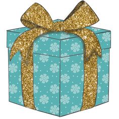 a blue gift box with gold glitter bow and snowflakes on the top,