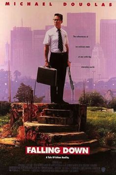 a movie poster for falling down with a man standing on steps holding a briefcase and crutches