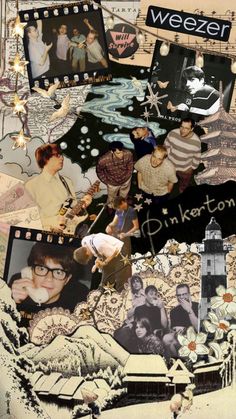 the collage is made up of many different pictures and words, including one that says weezer