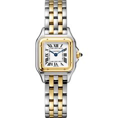 Cartier - Panthère de Cartier watch - Watch Woman Gold/Steel - Panthère de Cartier watch, small model, quartz movement. Case in 18K yellow gold and steel, dimensions: 22 mm x 30 mm, thickness: 6 mm, crown set with a synthetic blue spinel, silvered dial, blued-steel sword-shaped hands, bracelet in 18K yellow gold and steel. Water-resistant to 3 bar (approx. 30 meters). Small Watch, Cartier Panthere, Affordable Watches, Bracelet Love, Cartier Santos, Yellow Gold Bracelet, Two Tone Watch