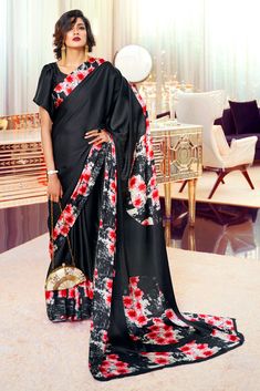 Black Crepe Saree with Red Flowers - PAAIE Japanese Crepe, Crepe Saree, Simple Sarees, Neck Deep, Satin Saree, Black Saree, Casual Saree, Sari Fabric, Soft Silk Sarees