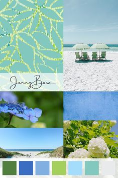 the color scheme is blue, green, and white with two beach chairs in the background