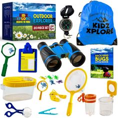 the contents of a kid's outdoor explorer kit including binoculars, magnifying glass and other items