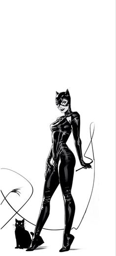 a black and white drawing of a woman in cat suit with a cat on her back