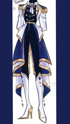 an anime character wearing a blue and white outfit with gold trims, standing in front of