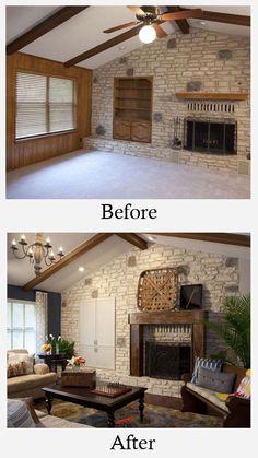 before and after pictures of a living room remodel with stone fireplace, built in bookcases