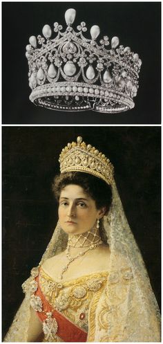 two pictures of the same tiara, one in gold and one in white with pearls