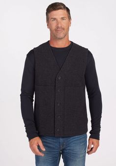 Looking for a Men's Merino Wool Button Down Vest to keep you warm through this Winter Season? We have exactly what you're looking for! Baker by Woolx is the perfect vest with a V neck line, including 2 upper utlity pockets. You're guaranteed a relaxed fit for full stretch and motion. Layer it over or under your outer wear, shop the Baker at Woolx.com! Outer Wear, Carbon Black