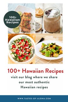 the hawaiian cookbook is shown with pictures of food and drinks on it, including salads