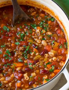 a pot filled with chili and pasta soup