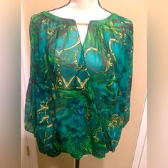 Sheer Green Blouse V Neck With Gold Chain Accent The Top Open Sleeves Elastic Bottom Elegant Green Flowy Top, Elegant Flowy Green Top, Chic Green Blouse For Vacation, Elegant Green Floral Print Blouse, Elegant Flowy Green Blouse, Green Flowy Blouse For Vacation, Sheer Green Blouse, Jlo Dress, Pink Flowy Top