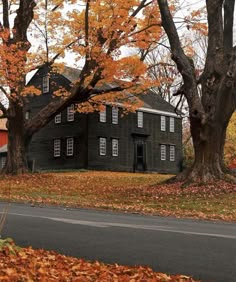 an old black house surrounded by trees with fall leaves on the ground and in front