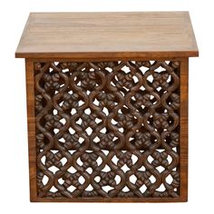 a wooden side table with intricate carvings on the top and bottom, against a white background