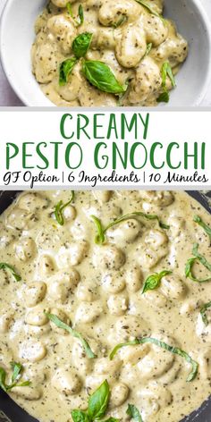 creamy pesto gnocchi with spinach leaves in a skillet and on the side