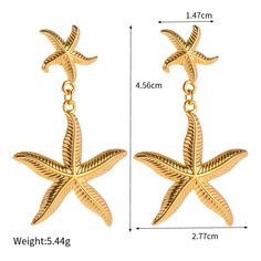 Experience Timeless Elegance with Our Starfish Earrings Indulge in the allure of our Stainless Steel Starfish Earrings, meticulously designed for the modern woman who appreciates both style and quality. Crafted from durable stainless steel and luxuriously plated with 18K gold, these earrings are a stunning addition to any jewelry collection. Key Features Material: Made with high-quality stainless steel, ensuring long-lasting beauty and durability. Size: Generously sized for a bold statement yet Gold Elegant Earrings With Starfish Charm, Elegant Gold Earrings With Starfish Charm, Metal Starfish Jewelry, Starfish Pattern, Starfish Earrings, Cleaning Gadgets, Outfit Design, Gold Piece, Design Geometric