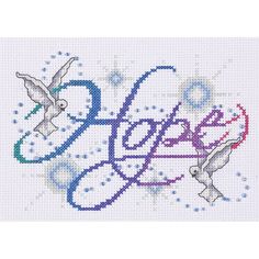 a cross stitch pattern with the words love and two birds flying in the sky above it