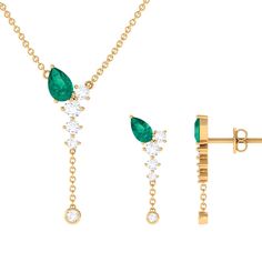 Minimal Emerald Dangle Necklace and Earrings Set with Diamond Emerald - ( AAA ) - Quality - Rosec Jewels Emerald Jewelry Set, Minimal Pendant, Minimalistic Jewelry, Diamond Choker Necklace, Dangle Necklace, Y Necklace, Dangle Necklaces, Pendent Necklace, Necklace And Earrings Set