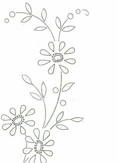 a drawing of flowers with leaves and dots on the stems, drawn in black ink