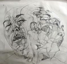 a drawing of two men's faces with their mouths open