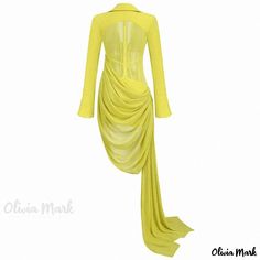 Olivia Mark - Elegantly Styled Plunging Spread Collar Dress with Elongated Sleeves, Draped Sheer Fabric, and Corset Detailing Fitted Open Front Maxi Dress For Party, Yellow Draped Fitted Dress, Yellow Fitted Draped Dress, Keyhole Sweater, Sheer Corset, Sheer Drapes, Corset Mini Dress, Sweater Dress Midi, Sheer Fabric