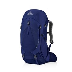 a blue backpack with straps on the front and side pockets, sitting against a white background