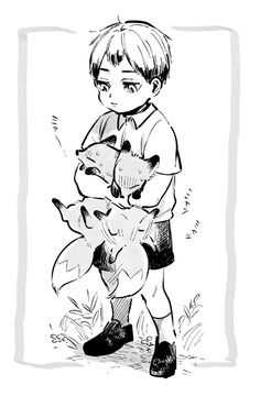 a black and white drawing of a young boy holding two baby animals in his arms