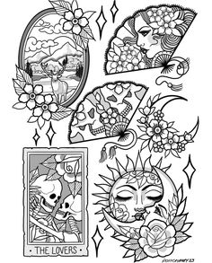 an image of tattoos with flowers and skulls on it, in black and white ink