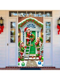 an image of a christmas door with santa clause and elves on the front porch,