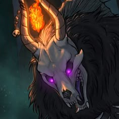 an animal with horns and glowing eyes in the dark